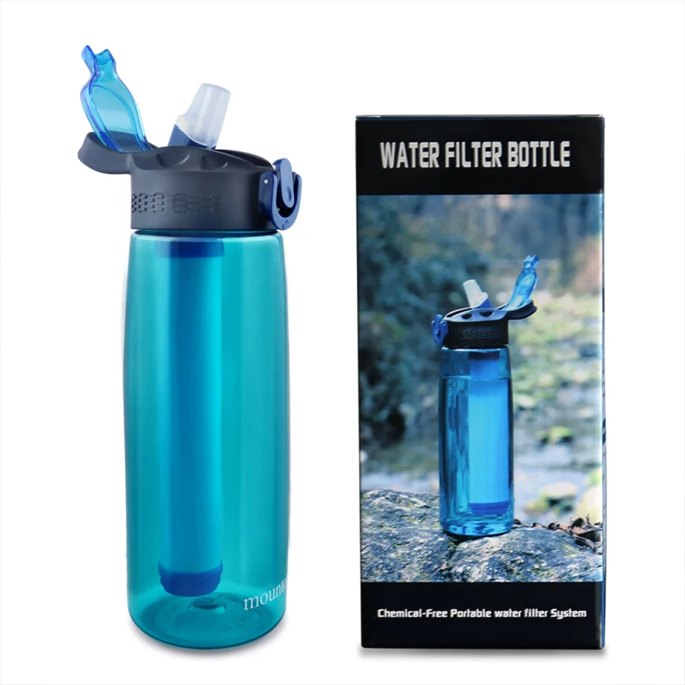 Blue Mountop filter bottle beside its product box