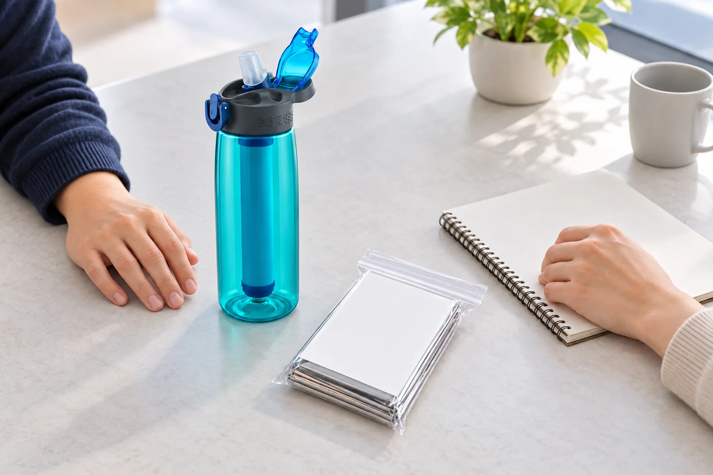 Hands discussing separate emergency supply samples around a notebook on a bright table