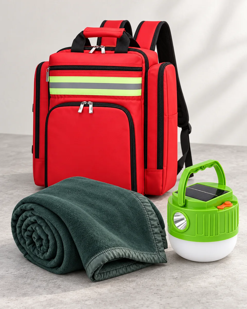 Red equipment backpack, folded green blanket and a solar lantern arranged on a pale tabletop