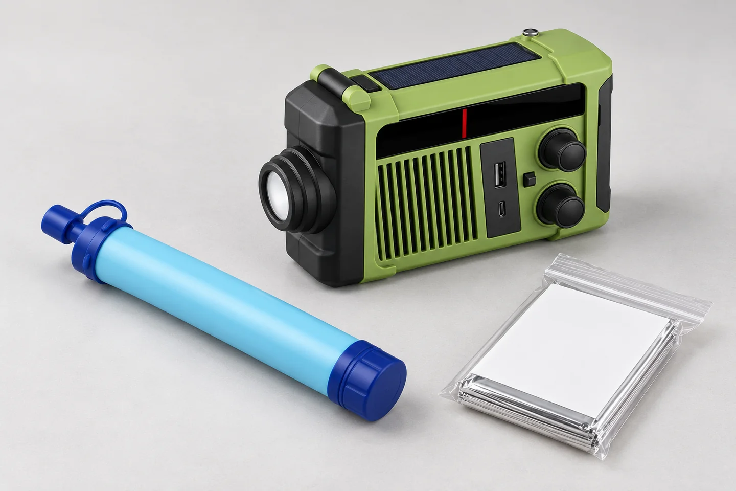 S2 water filter straw, green emergency radio and a reflective blanket in a clear pouch on a pale grey tabletop