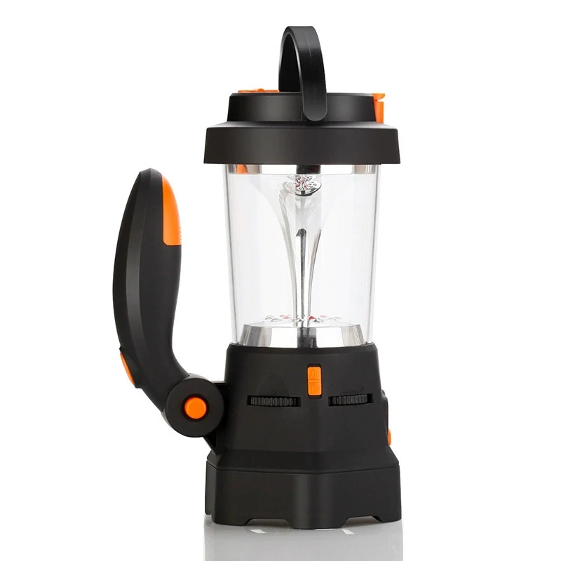 Black and orange portable lantern with a top hanging loop and side handle