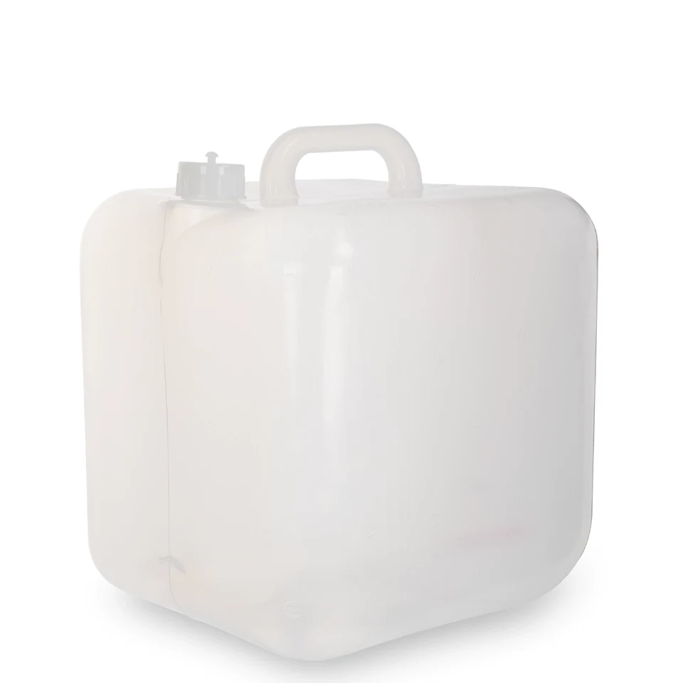 Translucent water container with a top handle and white cap