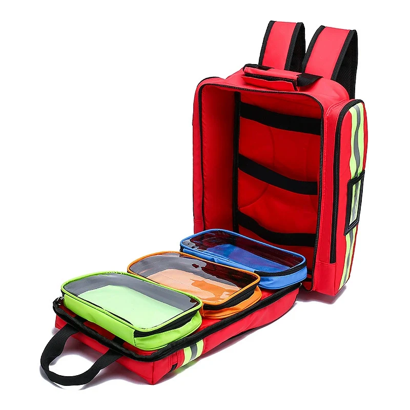 Open red equipment backpack showing three organizer pouches