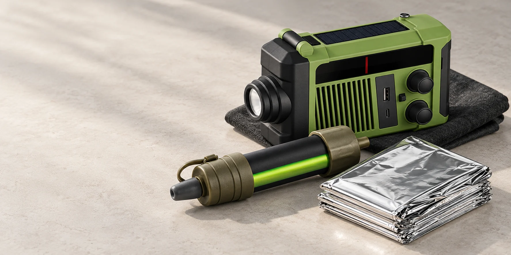 Emergency radio, portable water filter and reflective blankets