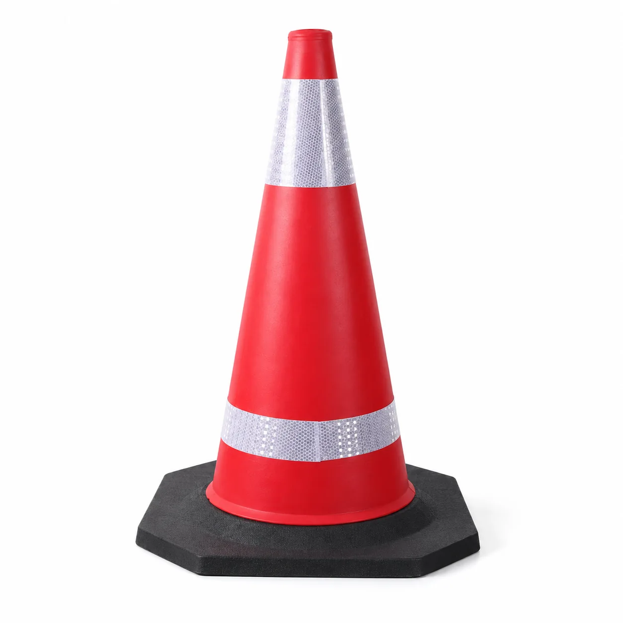 Red traffic cone with two reflective bands and a black octagonal base